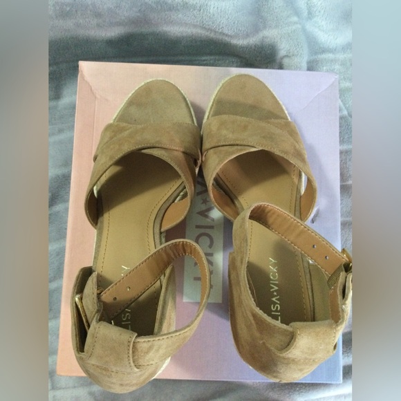 Lisa Vicky Gemi Cognac Kid Suede Platform Espadrille Wedges Size 9M - Picture 5 of 12